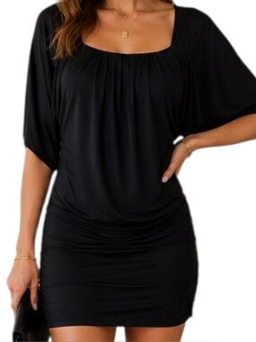 BCBGeneration Black Shift Dress XS Square Neck Dolman Sleeve Ruched Mini Stretch